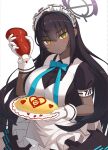  1girl 796leixzva24239 apron black_hair black_shirt black_skirt blue_archive blue_bow blue_bowtie blush bottle bow bowtie breasts closed_mouth commentary cowboy_shot dark-skinned_female dark_skin doodle_sensei_(blue_archive) eyes_visible_through_hair floating_hair food frilled_apron frills frown gloves hair_between_eyes halo hands_up heart highres holding holding_bottle karin_(blue_archive) ketchup ketchup_bottle large_breasts long_hair maid maid_headdress millennium_science_school_logo omelet omurice pleated_skirt puffy_short_sleeves puffy_sleeves purple_halo sensei_(blue_archive) shirt short_sleeves sidelocks simple_background skirt solo tsurime v-shaped_eyebrows very_long_hair white_apron white_background white_gloves yellow_eyes 