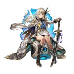 1girl another_eden another_eden_art_team aqua_eyes blonde_hair blue_neckerchief boots breasts butterfly_hair_ornament cloak closed_mouth coat collared_dress dress full_body hair_ornament high_heel_boots high_heels highres holding holding_sword holding_weapon isuka_(another_eden) lips long_hair long_sleeves looking_at_viewer medium_breasts neckerchief official_art open_clothes open_coat short_dress simple_background sitting smile solo sword tachi-e thighs third-party_source transparent_background variant_set weapon white_cloak white_coat white_dress 
