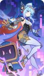  1girl android bad_source blue_eyes blue_hair cape closed_mouth expressionless genshin_impact ineffa_(genshin_impact) joints long_hair looking_at_viewer mechanical_arms official_art robot_ears robot_girl robot_joints short_hair sidelocks solo standing standing_on_one_leg 
