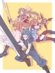  1boy 2girls aerith_gainsborough armor belt bervens12 black_boots black_gloves black_hair blue_eyes blue_pants blue_shirt blue_vest boots border bracelet braid braided_ponytail breasts brown_belt brown_hair buster_sword cissnei clenched_teeth commentary cropped_jacket cross_scar dress english_commentary fighting_stance final_fantasy final_fantasy_vii final_fantasy_vii_rebirth final_fantasy_vii_remake furrowed_brow gloves green_eyes hair_ribbon hair_slicked_back highres holding holding_shuriken holding_staff holding_sword holding_weapon holster jacket jewelry long_dress long_hair materia medium_breasts medium_hair multiple_bracelets multiple_girls orange_hair pants parted_bangs parted_lips pauldrons pink_dress pink_ribbon pink_shirt red_jacket red_pants ribbon scar scar_on_cheek scar_on_face shirt shoulder_armor shuriken sideburns sidelocks single_braid staff suspenders sword teeth thigh_holster vest weapon white_border yellow_background yellow_eyes zack_fair 