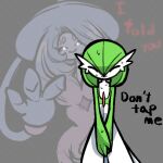  2girls black_sclera bob_cut closed_eyes colored_sclera colored_skin commentary_request dh_666 dress gardevoir green_hair green_skin hat hatterene highres korean_commentary meme multicolored_skin multiple_girls pokemon pokemon_(creature) prehensile_hair sweat tap_me_(meme) two-tone_skin v_arms white_dress white_skin witch_hat 