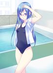  blue_eyes blue_hair chain-link_fence dress_shirt fence glasses gucchiann highres one-piece_swimsuit original outdoors pool poolside red-framed_eyewear school school_swimsuit shirt solo standing swimsuit 