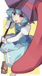  1girl :p blue_eyes blue_hair blue_skirt blue_vest blush border collared_shirt commentary contrast_collar cross-laced_vest foot_out_of_frame foreshortening frilled_shirt_collar frilled_sleeves frills from_above from_side geta hand_up heterochromia high_collar holding holding_umbrella juliet_sleeves karakasa_obake leg_up long_sleeves looking_at_viewer minoru_minoru no_socks oil-paper_umbrella outside_border outstretched_arm outstretched_hand puffy_long_sleeves puffy_sleeves purple_umbrella red_eyes sandals shirt short_hair simple_background skirt skirt_set sleeve_cuffs smile solo string swept_bangs tatara_kogasa tongue tongue_out touhou umbrella upturned_eyes v-shaped_eyebrows vest white_border white_shirt yellow_background 