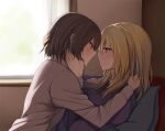  2girls blonde_hair blush breasts brown_eyes closed_mouth collared_dress collared_shirt commentary_request contrast_collar dress eye_contact face-to-face fumei_(mugendai) hand_on_another's_head hand_on_another's_neck hands_on_another's_shoulders indoors long_hair long_sleeves looking_at_another maribel_hearn missing_headwear multiple_girls pillow purple_dress purple_eyes shirt short_hair sitting smile sweat touhou usami_renko white_shirt window yuri 