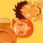  1boy 1girl aged_down bare_shoulders black_hair blush blush_stickers double_v english_text fang hat holding holding_unworn_clothes holding_unworn_hat lixiangqian looking_at_viewer monkey_d._luffy nami_(one_piece) one_piece open_mouth orange_hair scar scar_on_cheek scar_on_face shirt short_hair sideways single_sidelock smile straight-on straw_hat unworn_hat unworn_headwear upper_body v white_shirt yellow_background 