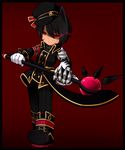  animal_ears black_pants blade_master_(elsword) boots chibi di-ort elsword full_body gloves glowing glowing_eye hat jacket kemonomimi_mode male_focus pants raven_(elsword) red_background red_eyes solo weapon wolf_ears 