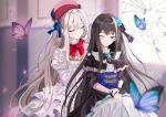  2girls absurdres arcaea beret black_bow black_bowtie black_dress black_eyes black_hair black_wrist_cuffs blue_butterfly blue_flower bow bowtie bug butterfly closed_eyes collared_dress dress flower frilled_dress frills hair_flower hair_ornament hat highres hikari_(arcaea) hoshihan_hoshi_han juliet_sleeves layered_dress long_hair long_sleeves multicolored_dress multiple_girls neck_flower one_eye_closed pink_butterfly pink_hat puffy_sleeves red_bow red_bowtie smile tairitsu_(arcaea) very_long_hair white_dress white_hair wrist_cuffs 