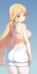  1girl absurdres alternate_breast_size_(larger) arms_at_sides ass back back_tattoo backless_sweater blonde_hair blue_background blue_eyes breasts chinese_commentary closed_mouth commentary_request cross-shaped_pupils english_commentary facial_mark forehead_mark from_behind genshin_impact gradient_background grey_background highres langbazi large_breasts long_hair looking_at_viewer looking_back mixed-language_commentary nicole_(genshin_impact) pantyhose pointy_ears sideboob smile solo star_(symbol) star_facial_mark symbol-shaped_pupils tattoo thighband_pantyhose variant_set very_long_hair virgin_killer_sweater white_pantyhose 