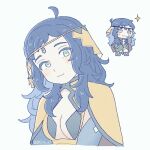  1girl :3 ahoge alternate_hair_color blue_hair blush_stickers breasts chibi chibi_inset circlet closed_mouth commentary_request fire_emblem fire_emblem_fates gold_cape grey_eyes hand_up hip_armor leaning_to_the_side long_hair looking_at_viewer medium_breasts ophelia_(fire_emblem) panties smile tanago_(namiuchigiwa) underwear yellow_panties 
