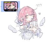  1girl :3 ? ?? ^_^ angel_wings ascot bare_shoulders blush_stickers bow breasts bridal_gauntlets cleavage closed_eyes commentary cropped_torso cup detached_wings disposable_cup drink drinking drinking_straw drinking_straw_in_mouth earrings flipped_hair glutton hair_bow hands_up happy heart holding holding_cup holding_drink jewelry large_breasts medium_hair mini_wings mole mole_on_breast official_art_inset pink_hair pointy_ears purple_ascot reference_inset remielle_dan simple_background sketch solo totepo_866 white_background white_bow white_bridal_gauntlets white_wings wings zenless_zone_zero 