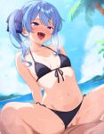  1boy 1girl bare_shoulders beach bikini bikini_bottom_aside black_bikini blue_eyes blue_hair blue_sky blush breasts censored cleavage clothed_female_nude_male clothing_aside cloud collarbone commentary_request cowgirl_position day front-tie_top girl_on_top hair_between_eyes halterneck happy_sex hetero highres hololive hoshimachi_suisei long_hair mosaic_censoring navel nude ocean open_mouth outdoors palm_tree pussy ribbon sand sex shore side-tie_bikini_bottom side_ponytail sky small_breasts smile solo_focus spread_legs stomach straddling string_bikini swimsuit thighs tree triangle_bikini_top vaginal virtual_youtuber water yumerumien 