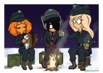  3girls belt black_belt black_hair black_hat black_necktie blonde_hair blunt_bangs blush campfire closed_eyes closed_mouth coco_schoppenboer coffee coffee_mug commentary cup english_commentary freckles full_body garrison_cap gloves hair_over_one_eye hat highres holding holding_cup jacket long_hair looking_at_another maya_schoppenboer military_hat military_jacket military_uniform mrasianpie mug multiple_girls mymy_schoppenboer nazi necktie ongezellig orange_hair peaked_cap red_gloves reichsadler short_hair siblings sisters sitting smile twitter_username yellow_gloves 