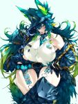  1girl amagami_shinia animal_ears badge belt blue_hair breasts button_badge commentary_request cuffs gradient_hair green_eyes green_hair hand_on_own_hip hand_up handcuffs highres huge_breasts indie_virtual_youtuber long_hair looking_at_viewer multicolored_hair open_mouth pobotto simple_background single_handcuff solo tail tongue tongue_out very_long_hair white_background wide_hips wolf_ears wolf_tail 