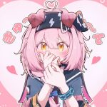  1girl absurdres ahoge animal_ears arknights barurun_pen black_choker black_hairband blush choker commentary covered_mouth covering_own_mouth embarrassed fingernails goldenglow_(arknights) hair_between_eyes hairband heart heart_ahoge heart_in_eye highres infection_monitor_(arknights) jacket lightning_bolt_print long_hair nose_blush pink_background pink_hair solo symbol_in_eye upper_body yellow_eyes 