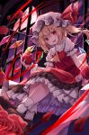  1girl :d absurdres apple ascot blonde_hair bobby_socks bow cloud commentary_request crystal dress fang flandre_scarlet flat_chest flower food frilled_cuffs frilled_shirt_collar frills fruit full_body full_moon hat hat_ribbon highres holding holding_food holding_fruit indoors kure~pu looking_at_viewer mary_janes medium_hair mob_cap moon night one_side_up open_mouth petals petticoat puffy_short_sleeves puffy_sleeves red_eyes red_ribbon red_skirt red_vest ribbon rose shoes short_sleeves sitting skirt smile socks solo touhou vest white_bow white_hat window wings yellow_ascot 