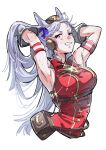  1girl animal_ears armband armpits arms_up bad_id bad_twitter_id blunt_bangs blush bow breasts brown_hat commentary cropped_torso dress ear_bow gloves gold_ship_(red_strife)_(umamusume) gold_ship_(umamusume) grey_hair hat highres horse_ears horse_girl large_breasts long_hair looking_at_viewer ohayonabeno open_mouth pillbox_hat purple_eyes red_bow red_dress sleeveless sleeveless_dress smile solo striped_armband striped_clothes sweat tail teeth umamusume untranslatable_commentary white_gloves 