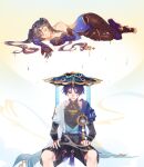  1boy 1girl anemo_symbol_(genshin_impact) aqua_eyes armor bare_shoulders belt black_belt black_bodysuit black_bow black_gloves black_hair black_shorts blue_cape blue_gem blue_hat blue_jingasa blue_kimono blue_leotard blue_sleeves blunt_ends bodystocking bodysuit bow breasts bridal_gauntlets cape choker choppy_bangs cleavage closed_mouth collarbone commentary commission commissioner_name covered_collarbone detached_sleeves earrings elbow_gloves english_commentary eyelashes feathers full_body furisode gem genshin_impact gloves gold gold_ring gold_shoes gold_thighlet gold_trim grey_bridal_gauntlets hair_bow hakama hakama_shorts hands_on_own_thighs hat high_heels highleg highleg_leotard highres holding japanese_armor japanese_clothes jewelry jingasa juban kimono kote kurokote layered_sleeves leotard long_hair looking_at_viewer looking_down lying mandarin_collar medium_breasts middle_ring mona_(genshin_impact) nxomii_herx on_side one_eye_closed open_clothes open_kimono pleated_shorts pom_pom_(clothes) ponytail_holder purple_eyes purple_rope purple_sash purple_sleeves rain red_gem red_sleeves rope sash scaramouche_(genshin_impact) shoes short_sleeves shorts shoulder_peek side_cape sitting smoke star_(symbol) star_choker star_earrings star_print swept_bangs thighlet tsurime twintails two-sided_sleeves wanderer_(genshin_impact) water_drop watermark white_kimono white_sleeves yellow_feathers 