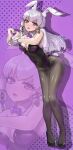  1girl alternate_costume animal_ear_hairband animal_ears armpits bare_arms bare_shoulders black_leotard black_pantyhose blush bow bowtie breasts commentary_request covered_navel detached_collar fake_animal_ears fake_tail fire_emblem fire_emblem:_three_houses full_body hair_ornament hairband heart heart_hands high_heels highres iipzeyjhms0dohl leaning_forward leotard long_hair looking_at_viewer lysithea_von_ordelia lysithea_von_ordelia_(timeskip) medium_breasts open_mouth pantyhose pantyhose_under_leotard pink_eyes playboy_bunny purple_bow purple_bowtie purple_veil rabbit_ears rabbit_tail simple_background solo tail veil white_hair white_hairband white_wrist_cuffs wrist_cuffs zoom_layer 