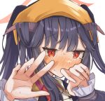  1girl absurdres averting_eyes black_hair blue_archive blunt_bangs blush commentary_request covering_own_mouth demon_girl demon_horns embarrassed eyelashes frilled_sleeves frills furrowed_brow fuuka_(blue_archive) hair_on_horn halo hands_up headscarf highres horns long_hair long_sleeves looking_to_the_side mosae nose_blush open_hand orange_headscarf portrait red_eyes red_halo simple_background solo sweat tsurime twintails white_background 