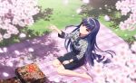  1girl barefoot bento black_skirt blue_hair blunt_bangs blurry blurry_foreground cherry_blossoms chopsticks commentary_request food game_asset grass hairband hanami highres long_hair long_sleeves non-web_source official_art outdoors petals picnic self-datamine senju_koyomi shirt sitting skirt smile solo spring_(season) very_long_hair watch world_dai_star wristwatch yokozuwari 