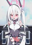  absurdres aris_(armed)_(blue_archive) aris_(blue_archive) aris_(blue_archive)_(cosplay) bare_shoulders blue_archive blush caramellate commentary cosplay double-parted_bangs hair_between_eyes halo headgear highres kei_(blue_archive) leotard long_hair long_hair_between_eyes mecha_musume open_mouth pink_eyes rectangular_halo ringed_eyes showgirl_skirt solo sweat thighhighs twintails very_long_hair white_hair white_leotard white_thighhighs 