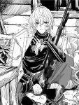  1boy absurdres ahoge ai_arctic_warfare bandaid bandaid_on_cheek bandaid_on_face bolt_action boots box bruise bruise_on_face building bush coat coat_on_shoulders crossed_bangs fura_kanato greyscale gun gun_sling hair_between_eyes hand_on_ground hand_up highres holding holding_gun holding_weapon injury long_sleeves looking_at_viewer male_focus matsuhago monochrome nijisanji outdoors pants popped_collar rifle scope short_hair sitting sniper_rifle solo sweater turtleneck turtleneck_sweater virtual_youtuber weapon zipper zipper_pull_tab 