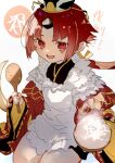  1girl absurdres apron beni-enma beni-enma_(first_ascension) bird_hat blush bowl breasts brown_hat commentary_request fate/grand_order fate_(series) feather_trim hat highres japanese_clothes kimono long_hair long_sleeves looking_at_viewer low_ponytail nasubi_illust open_mouth parted_bangs ponytail red_eyes red_hair red_kimono rice small_breasts smile solo spoon thighs translation_request very_long_hair white_apron wide_sleeves wooden_spoon 