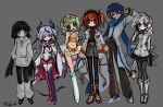  1boy 1other 4girls a.i._voice adachi_rei asymmetrical_legwear bare_shoulders belt black_bow black_eyes black_gloves black_hair black_pants black_shoes black_skirt black_sweater black_thighhighs blue_eyes blue_hair blue_scarf blue_shoes boots bow braid brown_belt buttons cable closed_mouth coat colored_skin commentary demon_girl demon_horns detached_sleeves english_commentary expressionless frilled_thigh_strap gloves goggles goggles_on_head green_eyes green_hair grey_background grey_bow grey_eyes grey_hoodie grey_leg_warmers grey_skin grey_skirt gumi hair_bow hand_on_own_cheek hand_on_own_face hands_in_pockets headphones highres hood hood_down hoodie horns inabakumori jacket japanese_clothes kachyinko kaito_(vocaloid) leg_warmers long_hair looking_at_viewer low_twintails meika_mikoto miko mismatched_legwear mismatched_thighhighs multicolored_hair multiple_girls open_clothes open_jacket open_mouth orange_eyes orange_hair orange_jacket orange_skirt orange_trim osage_(nukunuku_nigirimeshi) pants pleated_skirt purple_eyes purple_streaks red_sailor_collar red_shorts ribbon sailor_collar scarf sekka_yufu shoes shorts signature simple_background skirt smile streaked_hair sweater teeth thigh_strap thighhighs turtleneck turtleneck_sweater twintails usb_cable utau vocaloid white_boots white_coat white_hair white_jacket white_ribbon white_shoes 