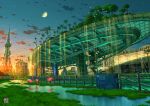  abandoned absurdres animal arrow_(symbol) bird broken_window building cloud commentary_request flamingo half_moon highres moon no_humans original outdoors overgrown palm_tree pillow post-apocalypse railing ruins scenery sign sky stairs star_(sky) starry_sky sunset tokyogenso tree water waterfall 