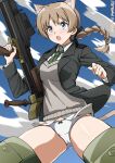  1girl absurdres animal_ears anti-materiel_rifle black_jacket blue_sky blush boys_anti_tank_rifle braid brown_eyes brown_hair cat_ears cat_girl cat_tail cloud cloudy_sky collarbone commentary_request flying green_eyes green_necktie gun highres holding holding_gun holding_weapon jacket long_hair looking_at_another lynette_bishop military_uniform multiple_girls necktie no_pants open_mouth panties poyopoyotaishi rifle shirt short_hair single_braid sky sniper_rifle solo spread_legs strike_witches striker_unit sweat sweater_vest tail underwear weapon white_panties white_shirt world_witches_series 