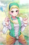  1girl bead_necklace beads blonde_hair blush brown_eyes closed_mouth commentary_request dragon_quest dragon_quest_xi earrings green_hairband hair_pulled_back hairband highres holding holding_wand jewelry long_hair mizoremiyako necklace orange_sarong orange_sash sarong senya_(dq11) shirt_under_dress simple_background sphere_earrings wand 