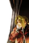  1boy absurdres ahoge amestris_military_uniform automail black_jacket blonde_hair braid closed_mouth coat commentary edward_elric fullmetal_alchemist gloves hair_between_eyes head_on_hand highres jacket long_hair male_focus mechanical_arms parted_bangs red_coat single_braid single_mechanical_arm solo untranslatable_commentary upper_body white_gloves white_trim yellow_eyes youritai 