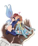  1boy 2girls ass blue_gloves blue_leotard blush boots brown_hair company_connection crossover demon_(megami_tensei) elbow_gloves fairy fairy_wings fingerless_gloves gallica_(metaphor:_refantazio) gloves hairband heart highleg highleg_leotard highres kiss leotard metal_hairband metaphor:_refantazio mini_person minigirl multiple_girls pixie_(megami_tensei) pointy_ears protagonist_(metaphor:_refantazio) shin_megami_tensei short_hair simple_background sorisketches stirrup_legwear thigh_boots thighhighs toeless_legwear wings yellow_leotard yuri 