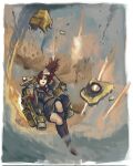  1girl arm_up boots brown_boots brown_coat brown_hair coat crash falling fire highfleet highres mecha_musume smoke stas_(wwy) thrusters 