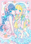  2girls absurdres black_hair blonde_hair blue_dress blue_eyes blue_hairband blunt_bangs blunt_sidelocks blush border bow braid cherry closed_mouth commentary cowboy_shot dress food fruit grid_background hair_bow hairband hand_up highres hiro046k ice_cream ice_cream_float long_hair looking_at_viewer multiple_girls original outside_border pink_border pink_bow sidelocks sleeveless sleeveless_dress white_background 