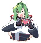  1girl :d ;d black_gloves blush blush_stickers breasts bright_pupils caguya commentary_request crop_top cropped_torso gloves green_hair hair_between_eyes hair_intakes heart heart_hands highres huge_breasts jacket long_hair long_sleeves looking_at_viewer mikado-chan_(caguya) multicolored_gloves one_eye_closed open_mouth orange_eyes original ponytail red_eyes sideboob sideless_outfit sidelocks simple_background smile solo two-tone_gloves upper_body white_background white_pupils 