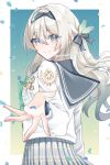  1girl absurdres bow bowtie closed_mouth collared_shirt commentary_request firefly_(honkai:_star_rail) firefly_(spring_missive)_(honkai:_star_rail) gradient_eyes gradient_hair green_bow green_bowtie green_pupils grey_hair grey_hairband grey_ribbon grey_sailor_collar grey_skirt hair_between_eyes hair_intakes hair_ornament hair_ribbon hairband highres honkai:_star_rail honkai_(series) long_hair makikomare multicolored_eyes multicolored_hair name_tag official_alternate_costume plaid_bow plaid_bowtie plaid_clothes pleated_skirt reaching reaching_towards_viewer ribbon sailor_collar school_uniform serafuku shirt skirt smile solo twitter_username white_shirt 