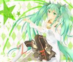  against_wall argyle argyle_background bad_id bad_pixiv_id bare_shoulders black_legwear blush boots bow bubble_tea checkered checkered_background detached_sleeves drink drinking_straw green_eyes green_hair hair_bow hatsune_miku knee_boots long_hair sitting skirt solo star su_roron thighhighs twintails very_long_hair vocaloid 