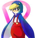  1boy animal_costume black_hair blue_eyes blush commentary_request edogawa_conan embarrassed hair_between_eyes highres ko_sshu looking_at_viewer male_focus mario_(series) meitantei_conan parted_lips penguin_costume penguin_suit_(mario) red_shorts short_hair shorts solo suspenders transparent_background 