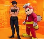  1boy 1girl absurdres armband bee belt black_hair black_pants black_tank_top bocajrofstra bracelet bug chef_hat choker english_text hat high_heels highres jewelry jollibee_(mascot) navel necklace original pants photo_background short_hair tank_top toned toned_female 