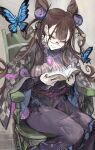  1girl absurdres black_dress blush book breasts brown_hair bug butterfly checkered_clothes checkered_kimono commentary cone_hair_bun dress ebichannoshippo fate/grand_order fate_(series) gem glasses hair_bun hair_ornament highres japanese_clothes juliet_sleeves kimono large_breasts long_hair long_sleeves murasaki_shikibu_(fate) murasaki_shikibu_(second_ascension)_(fate) puff_and_slash_sleeves puffy_sleeves purple_eyes purple_gem solo two_side_up untranslatable_commentary very_long_hair wide_sleeves 