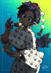  1girl black_hair blue_background blush_stickers carte chocolate-covered_food chocolate_banana commentary_request highres japanese_clothes kimono pointy_ears red_eyes shameimaru_aya signature solo touhou wings yukata 