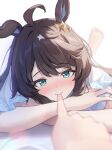  1girl ahoge animal_ears blue_eyes blurry blurry_background closed_mouth commentary_request daring_tact_(umamusume) finger_to_mouth hair_between_eyes hair_ornament highres horse_ears horse_girl kashmir_0808 looking_at_viewer lying on_stomach pov pov_hands revision simple_background solo_focus star_(symbol) star_hair_ornament umamusume white_background 