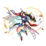  1girl another_eden another_eden_art_team arm_up azami_(another_eden) black_eyes black_gloves black_hair bow braid breasts charm_(object) cleavage curtained_hair fingerless_gloves food full_body gloves glowing hair_bow highres holding holding_behind_back holding_sword holding_sword_behind_back holding_weapon holding_weapon_behind_back japanese_clothes katana kimono long_hair long_sleeves looking_at_viewer medium_breasts multiple_swords official_art omamori open_mouth outstretched_arm parted_lips petals purple_scarf samurai sandals sarashi scarf sheath sheathed short_kimono side_braid simple_background smile solo sword tachi-e teeth thighs third-party_source transparent_background tsuba_(guard) unsheathed upper_teeth_only variant_set weapon weapon_charm wide_sleeves yellow_bow 