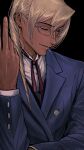  1boy ace_attorney amikoiiko apollo_justice:_ace_attorney badge black_background blazer blonde_hair blue_suit button_badge buttoned_cuffs buttons closed_eyes collared_shirt cropped drill_hair glasses hair_between_eyes hand_up highres jacket kristoph_gavin lapels long_hair neck_ribbon notched_lapels red_ribbon ribbon shirt simple_background smile solo suit white_shirt 