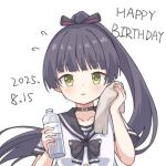  1girl black_bow black_bowtie black_hair black_sailor_collar bottle bow bowtie commentary_request green_eyes hair_bow heaven_burns_red holding holding_bottle holding_towel kk0220 looking_at_viewer natsume_inori natsume_inori_(lapis_lazuli_adolescence) ponytail sailor_collar school_uniform simple_background towel towel_on_face white_background wiping_face 