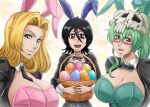  3girls absurdres basket black_bow black_bowtie black_eyes black_hair black_necktie black_tailcoat bleach blonde_hair blue_eyes bow bowtie breasts cleavage commentary easter_egg egg english_commentary flat_chest green_bow green_eyes green_hair green_leotard hair_between_eyes high_ponytail highres holding holding_basket ivizard kuchiki_rukia large_breasts leotard matsumoto_rangiku mole mole_under_mouth multiple_girls necktie nelliel_tu_odelschwanck open_mouth parted_lips pink_leotard playboy_bunny ponytail single_sidelock smile strapless strapless_leotard tailcoat tailcoat_playboy_bunny teeth upper_teeth_only 