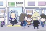  3boys 3girls black_boots black_jacket black_pants blonde_hair blue_suit boots brown_hair cellphone character_charm charm_(object) chibi chibi_only cloud_strife cloud_strife_(urban_wolf) commentary_request dissidia_duellum_final_fantasy dissidia_final_fantasy final_fantasy final_fantasy_vii glasses grey_hair hand_in_pocket highres holding holding_phone hood hood_down hooded_jacket jacket jewelry long_hair moogle multiple_boys multiple_girls necklace official_alternate_costume official_art old old_woman pants parted_bangs phone plaid_clothes plaid_skirt pleated_skirt purple_shirt school_uniform sephiroth shirt short_hair skirt smartphone spiked_hair square_enix suit train_interior white_shirt 