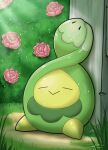  :> artist_name budew bush closed_eyes commentary english_commentary flower grass no_humans outdoors pokemon pokemon_(creature) pokemon_focus rose sitting smile solo xenophacilus 
