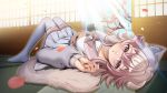  1a1acthulhu 1girl animal_ear_fluff animal_ear_legwear animal_ears blush breasts cat_ear_legwear collarbone commentary english_commentary falling_petals grey_sailor_collar grey_thighhighs highres indie_virtual_youtuber long_sleeves looking_at_viewer lying on_back parted_lips petals pink_petals sailor_collar school_uniform second-party_source shadow solo tail tatami thighhighs typicatly virtual_youtuber 